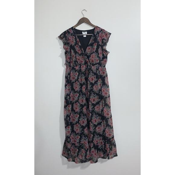 Motherhood Black Red Floral Maxi Dress Stretch Size L Baby Shower Nursing Dress - Picture 1 of 10